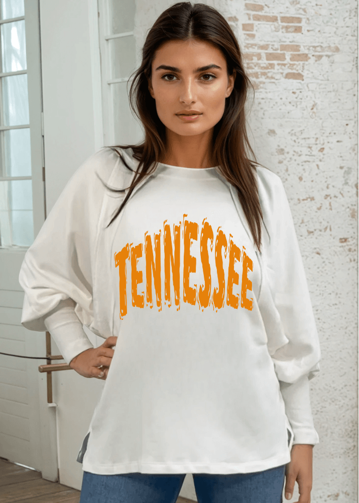 Made in USA Customizable Game Day Sweatshirt with Oversized Distressed Graphic Text on Women's Cotton Blend Off White Solid French Terry Dolman Sleeve Boat Neck, Wide Cuff, Raw edge detail | Classy Cozy Cool Women's Made in America Boutique