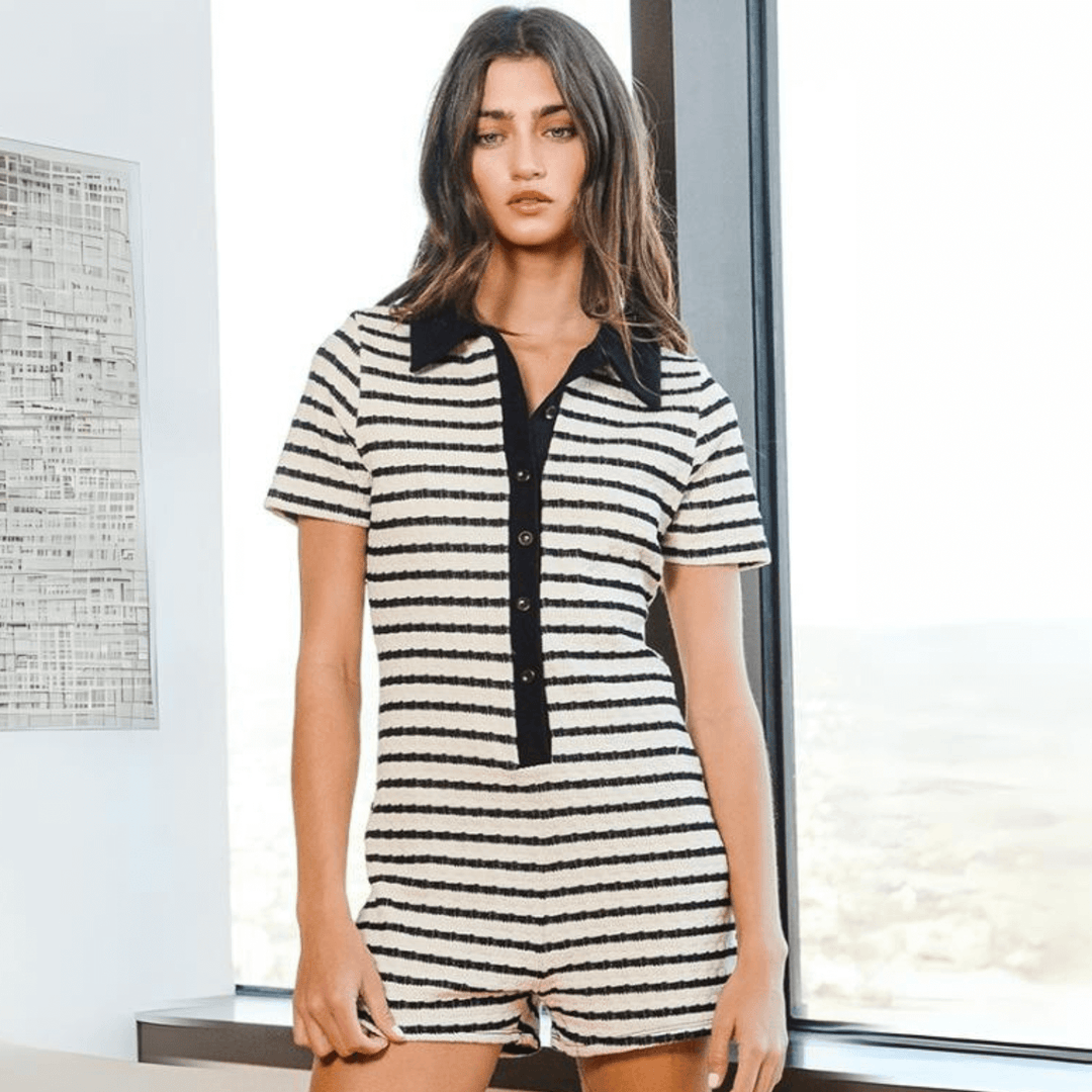 Bucket List Style# R5412 | Women's Black & Ivory Striped Short Sleeve Romper | Made in USA | Classy Cozy Cool Women's Made in America Boutique