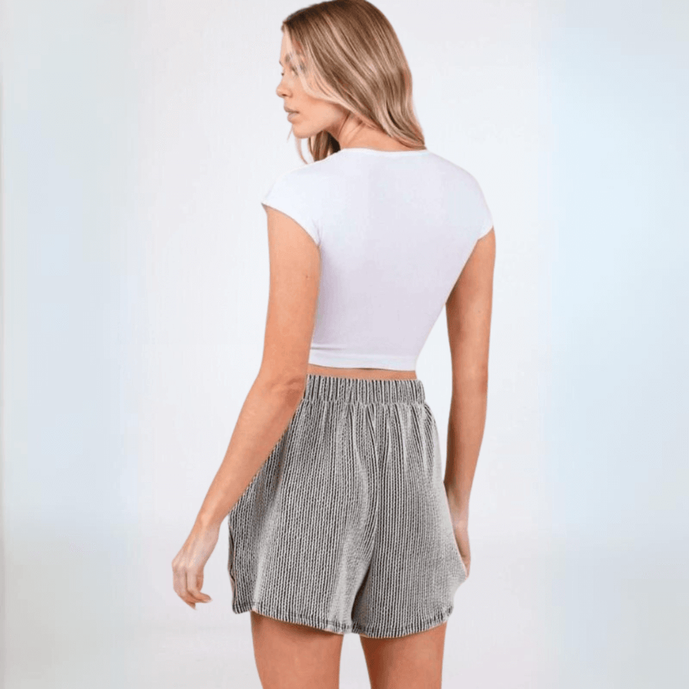 Made in USA Women's Soft Textured Loose Fit Black and White Striped Ribbed Detail Shorts with Side Pockets | Classy Cozy Cool Made in America Boutique