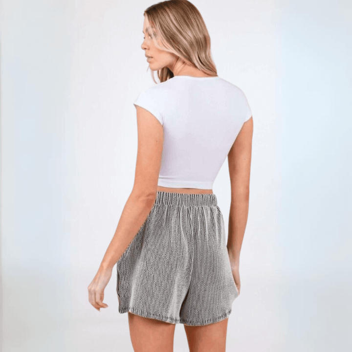 Made in USA Women's Soft Textured Loose Fit Black and White Striped Ribbed Detail Shorts with Side Pockets | Classy Cozy Cool Made in America Boutique