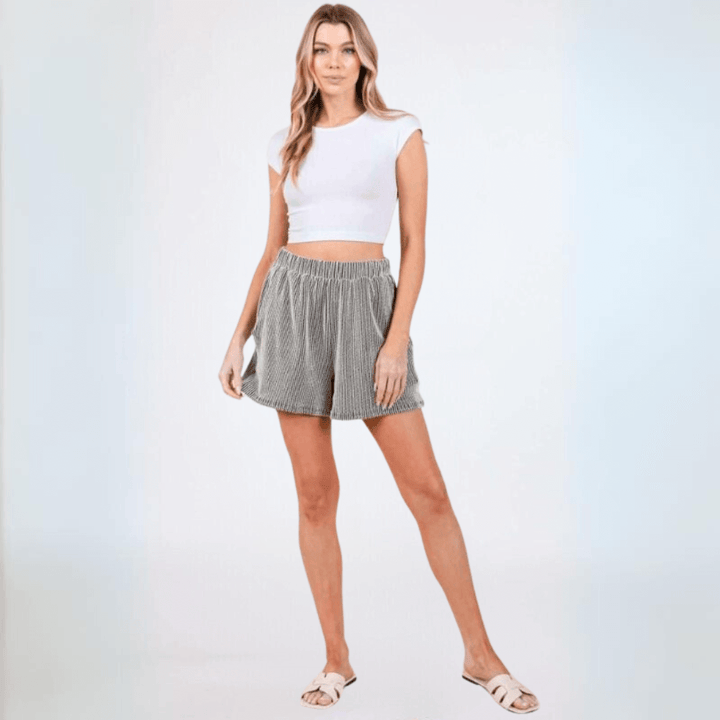 Made in USA Women's Soft Textured Loose Fit Black and White Striped Ribbed Detail Shorts with Side Pockets | Classy Cozy Cool Made in America Boutique