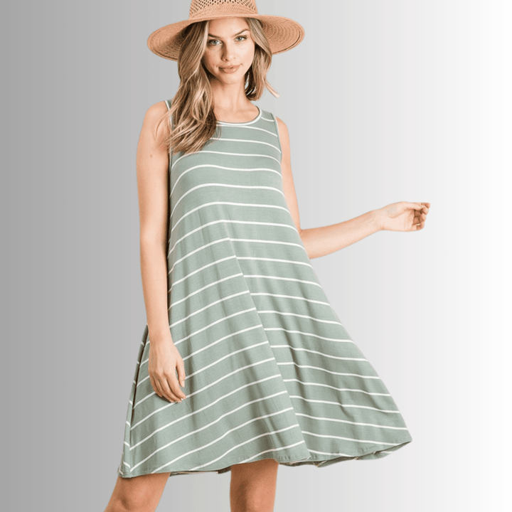 Made in USA Women's Rayon Lightweight Striped Sleeveless Summer Dress in Sage | Classy Cozy Cool Made in America Boutique