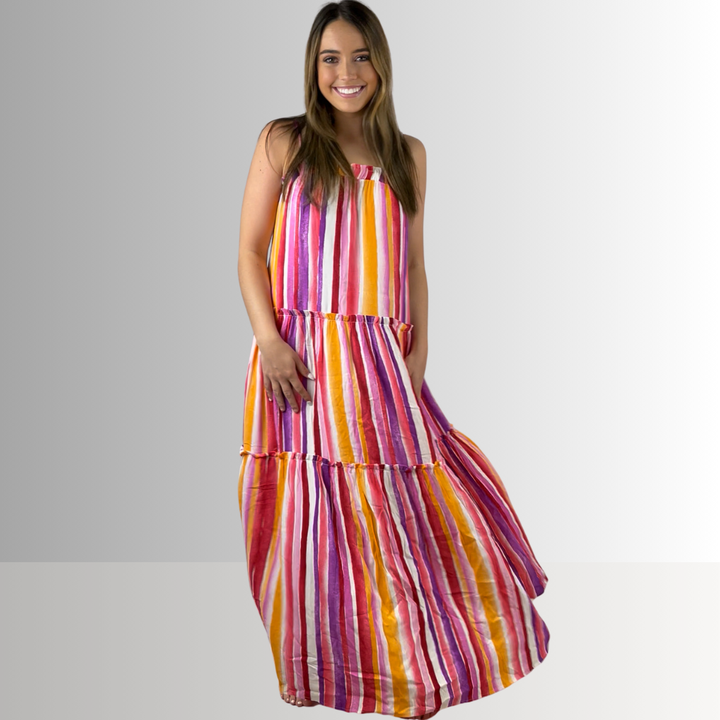 Made in USA Women's Striped Maxi Tiered Sun Dress with Adjustable Straps and Ruffle Detail in this Dress: Lavender, Coral, Pink, Orange, White | Classy Cozy Cool Made in America Boutique