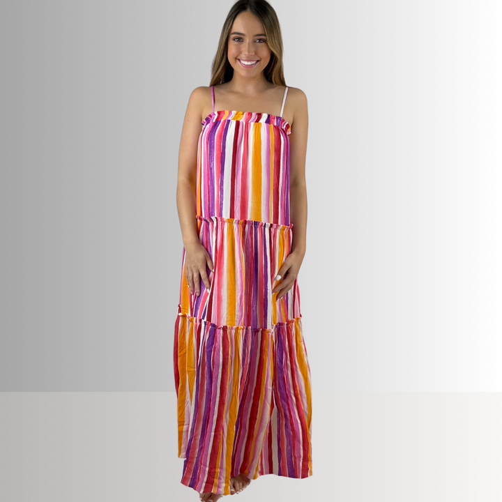 Made in USA Women's Striped Maxi Tiered Sun Dress with Adjustable Straps and Ruffle Detail in this Dress: Lavender, Coral, Pink, Orange, White | Classy Cozy Cool Made in America Boutique