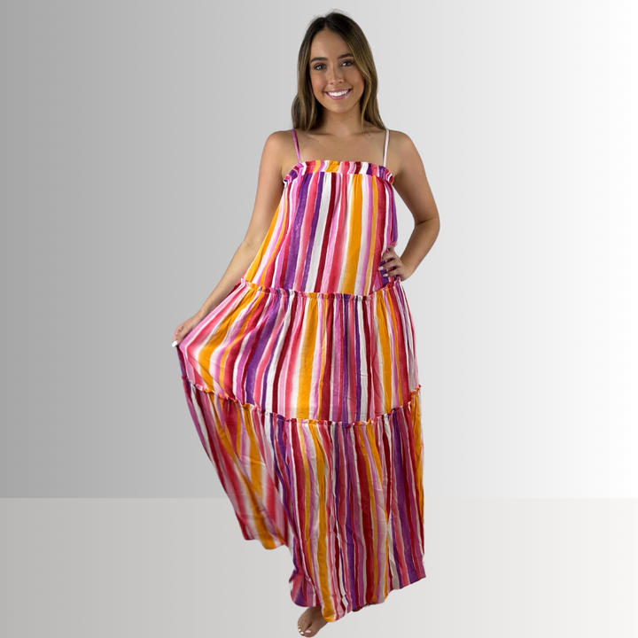 Made in USA Women's Striped Maxi Tiered Sun Dress with Adjustable Straps and Ruffle Detail in this Dress: Lavender, Coral, Pink, Orange, White | Classy Cozy Cool Made in America Boutique
