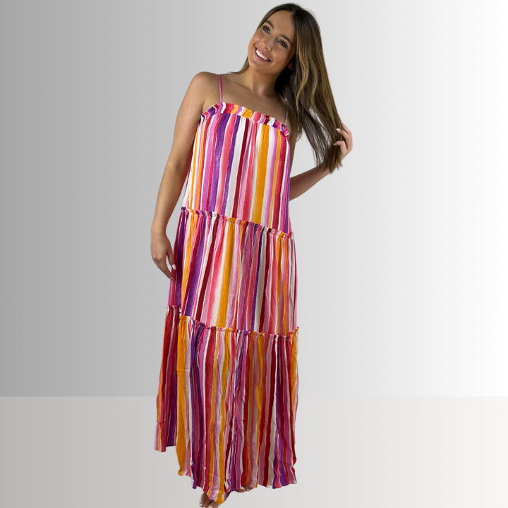 Made in USA Women's Striped Maxi Tiered Sun Dress with Adjustable Straps and Ruffle Detail in this Dress: Lavender, Coral, Pink, Orange, White | Classy Cozy Cool Made in America Boutique