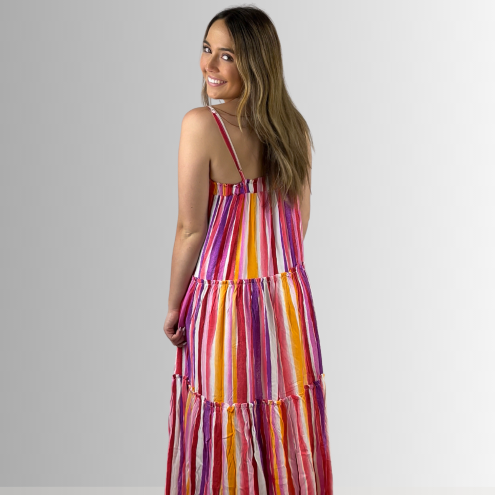 Made in USA Women's Striped Maxi Tiered Sun Dress with Adjustable Straps and Ruffle Detail in this Dress: Lavender, Coral, Pink, Orange, White | Classy Cozy Cool Made in America Boutique