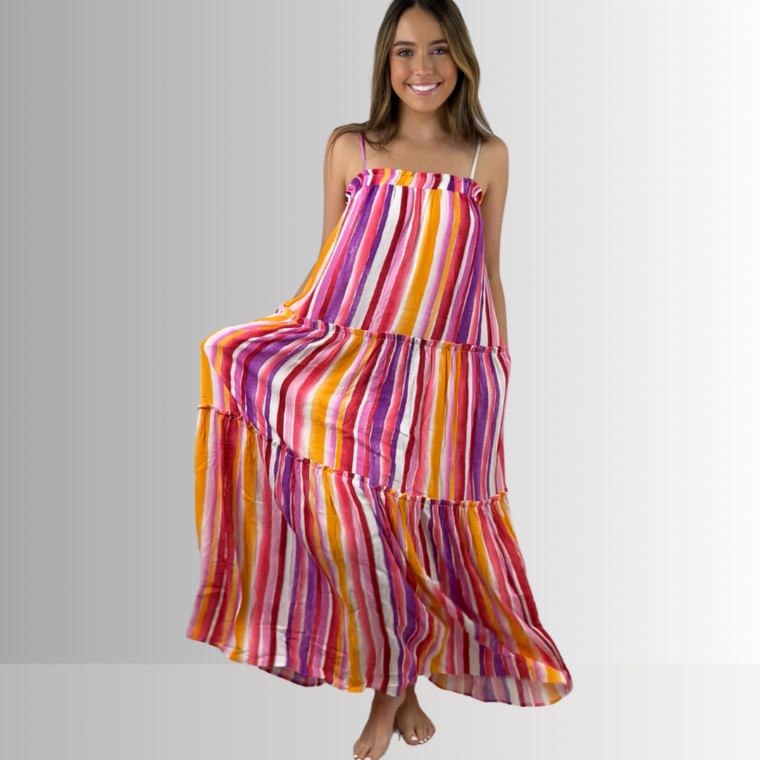 Made in USA Women's Striped Maxi Tiered Sun Dress with Adjustable Straps and Ruffle Detail in this Dress: Lavender, Coral, Pink, Orange, White | Classy Cozy Cool Made in America Boutique