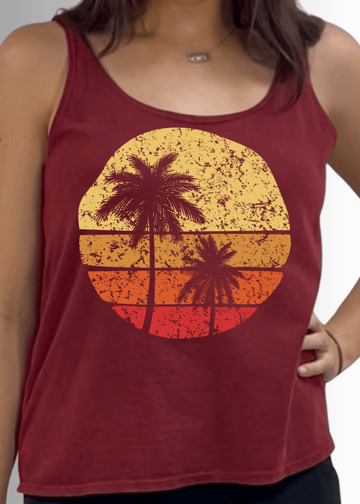 Made in USA Women's Sunset Palm Tree Graphic on Sustainable Durable Premium America-made Cotton Tank Top in Burnt Red Clay, Mineral Washed Vintage Look | Classy Cozy Cool Made in USA Boutique