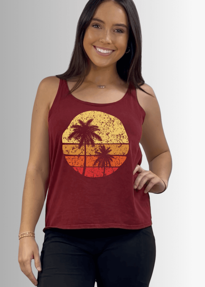 Made in USA Women's Sunset Palm Tree Graphic on Sustainable Durable Premium America-made Cotton Tank Top in Burnt Red Clay, Mineral Washed Vintage Look | Classy Cozy Cool Made in USA Boutique