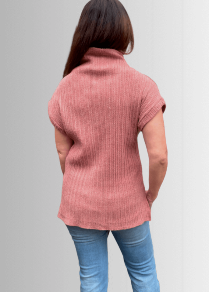 Made in USA Women's Mock Neck Soft Knit Top Sleeveless Drop Shoulder Sweater Vest with Side Slits in Rust | Classy Cozy Cool Women's Made in America Boutique