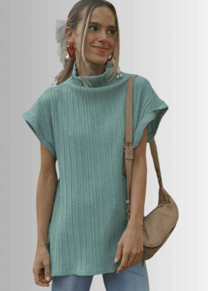 Made in USA Women's Mock Neck Soft Knit Top Sleeveless Drop Shoulder Sweater Vest with Side Slits in Teal | Classy Cozy Cool Women's Made in America Boutique