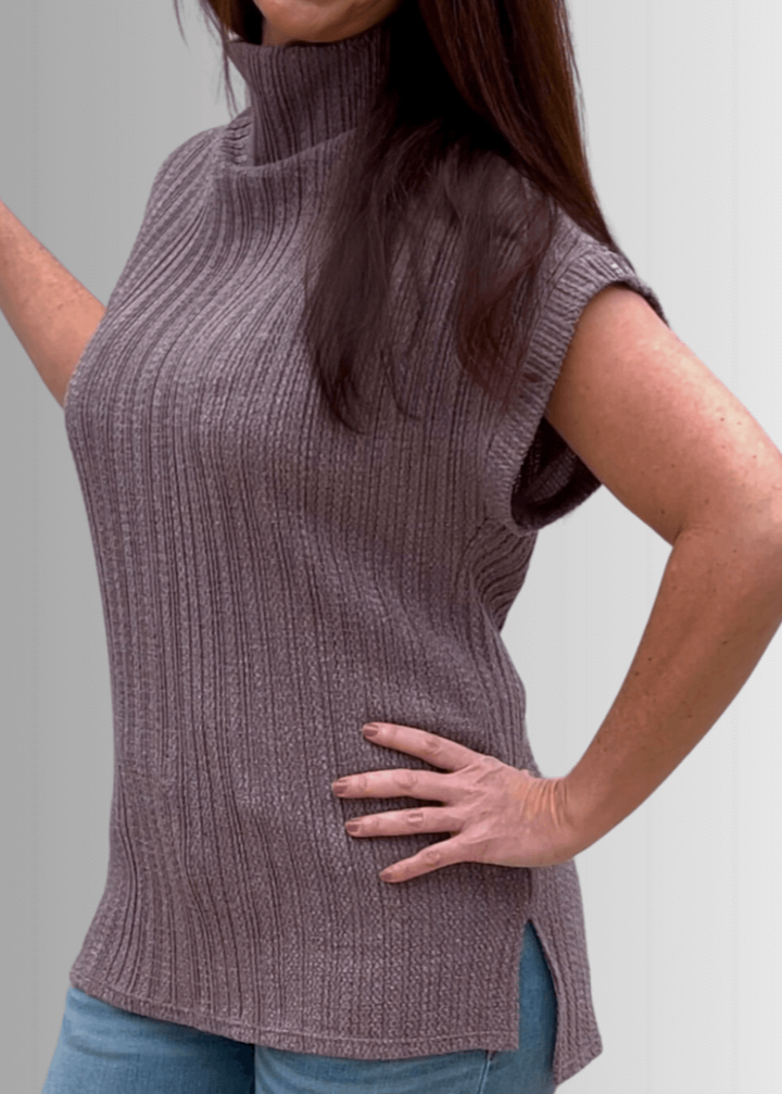Made in USA Women's Mock Neck Soft Knit Top Sleeveless Drop Shoulder Sweater Vest with Side Slits in Mocha  | Classy Cozy Cool Women's Made in America Boutique