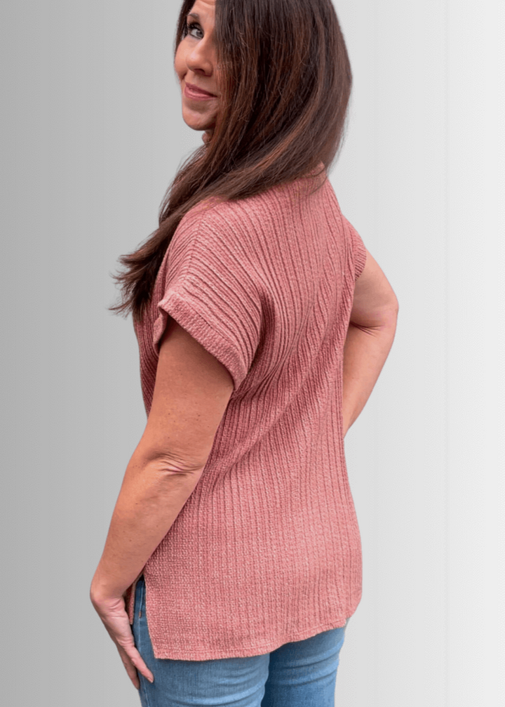 Made in USA Women's Mock Neck Soft Knit Top Sleeveless Drop Shoulder Sweater Vest with Side Slits in Rust | Classy Cozy Cool Women's Made in America Boutique
