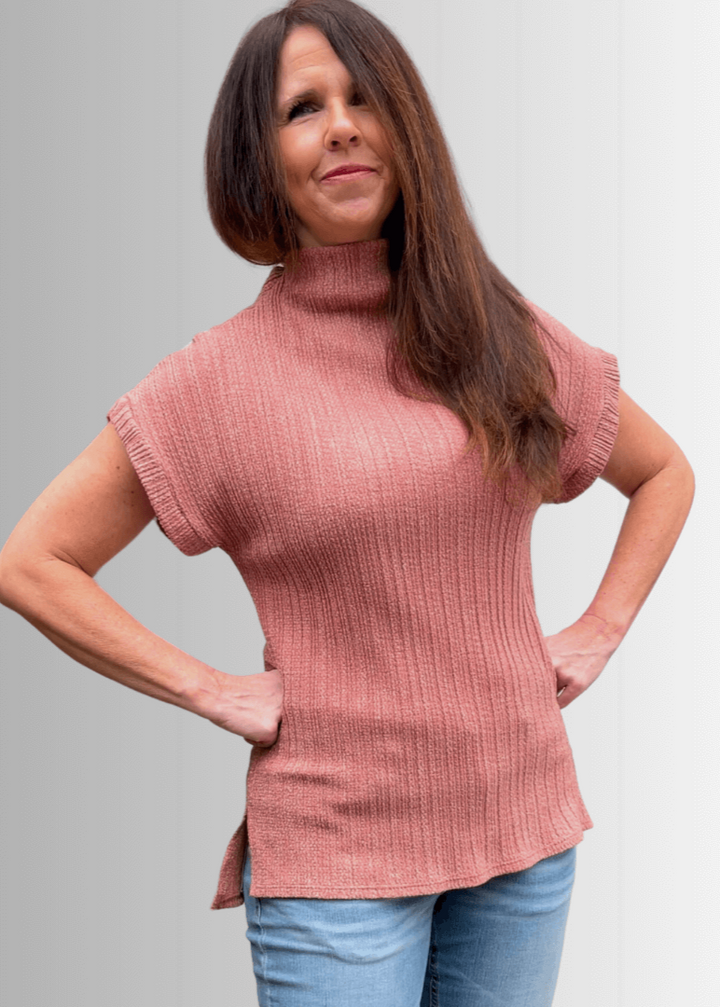 Made in USA Women's Mock Neck Soft Knit Top Sleeveless Drop Shoulder Sweater Vest with Side Slits in Rust | Classy Cozy Cool Women's Made in America Boutique