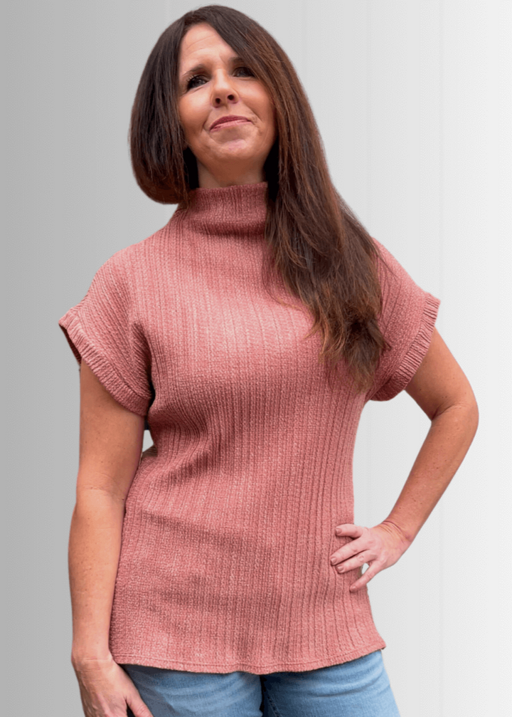 Made in USA Women's Mock Neck Soft Knit Top Sleeveless Drop Shoulder Sweater Vest with Side Slits in Rust | Classy Cozy Cool Women's Made in America Boutique