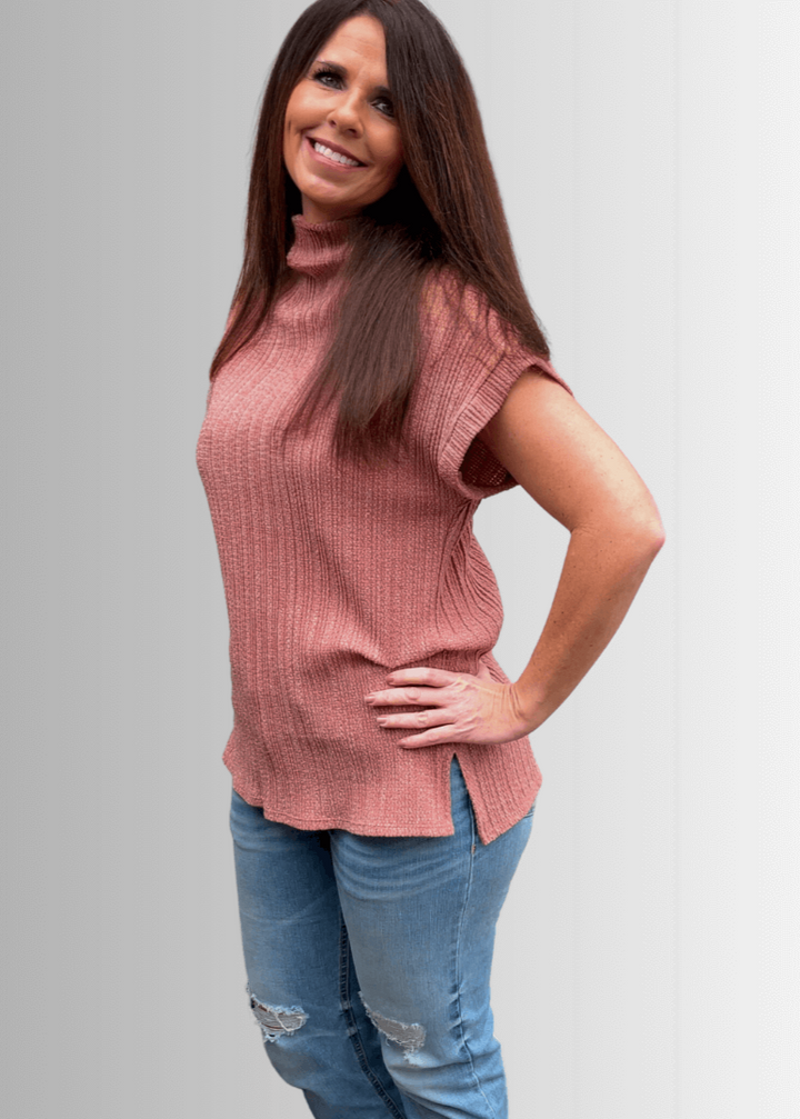 Made in USA Women's Mock Neck Soft Knit Top Sleeveless Drop Shoulder Sweater Vest with Side Slits in Rust | Classy Cozy Cool Women's Made in America Boutique