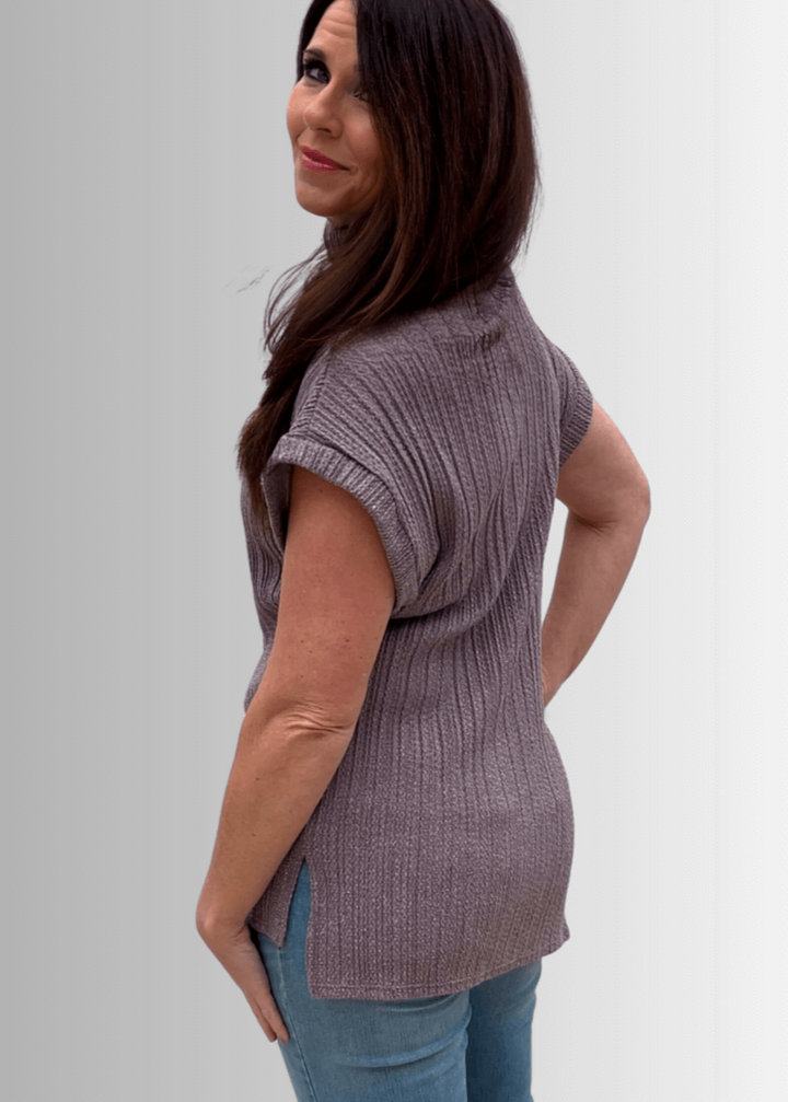 Made in USA Women's Mock Neck Soft Knit Top Sleeveless Drop Shoulder Sweater Vest with Side Slits in Mocha  | Classy Cozy Cool Women's Made in America Boutique