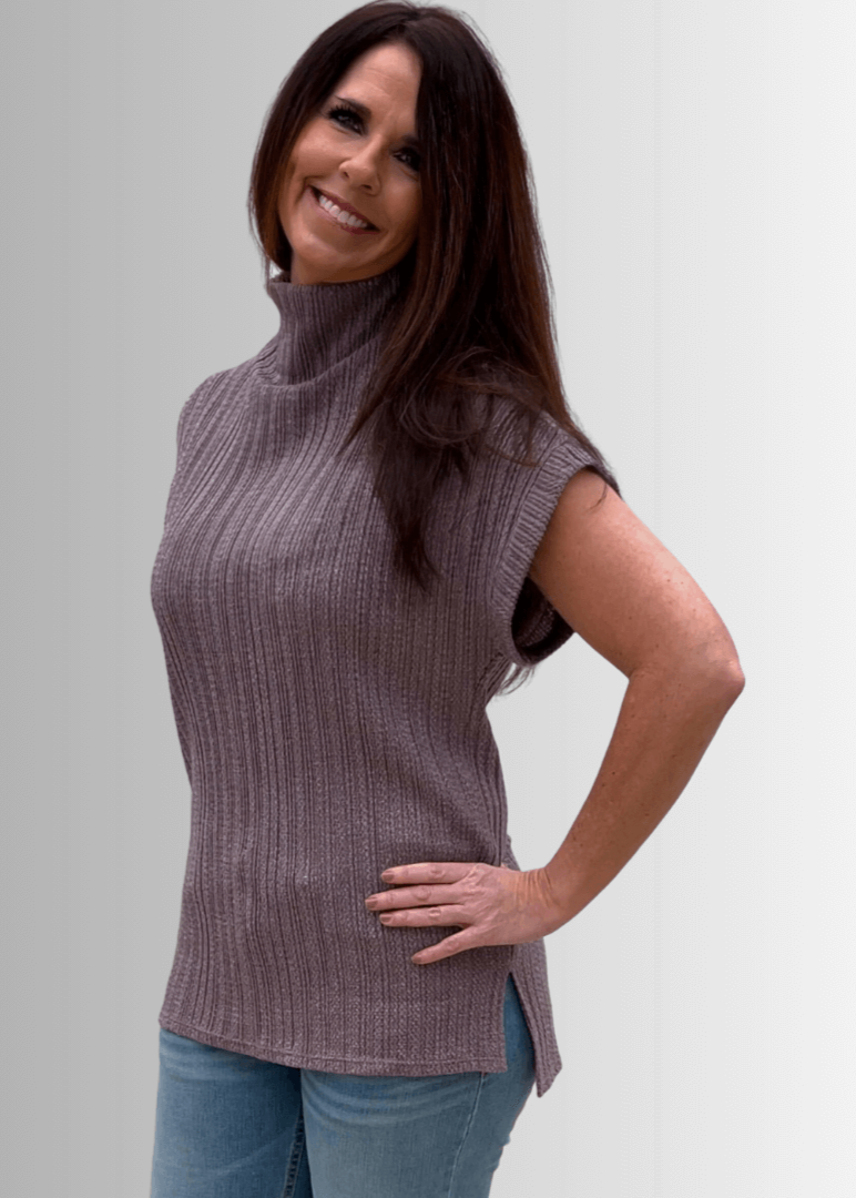 Made in USA Women's Mock Neck Soft Knit Top Sleeveless Drop Shoulder Sweater Vest with Side Slits in Mocha  | Classy Cozy Cool Women's Made in America Boutique