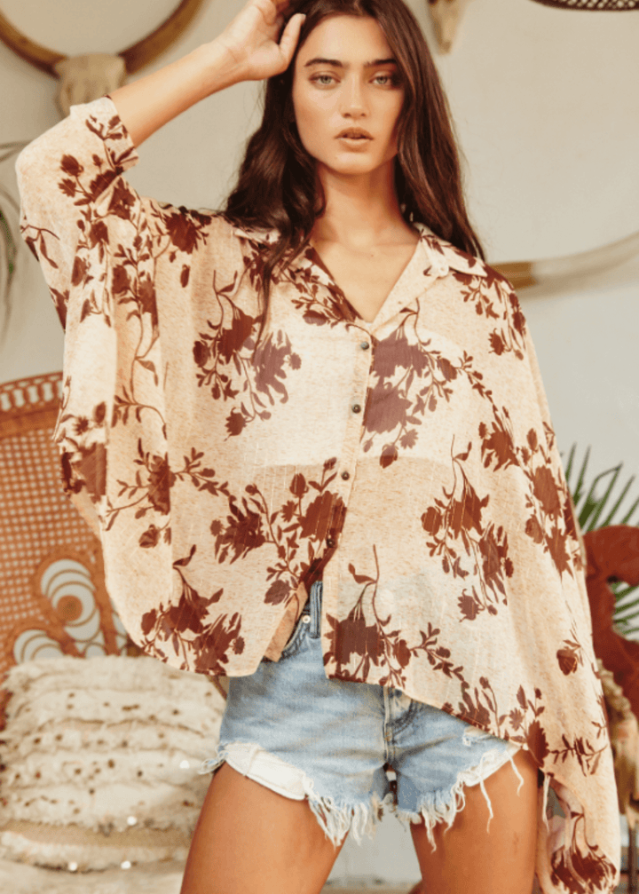 Made in USA Women's Tan and Brown Printed Chiffon Floral Button Down Batwing Sleeve Blouse | Bucket List Style T1068
