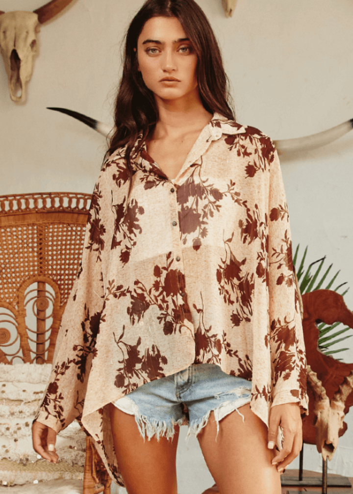 Made in USA Women's Tan and Brown Printed Chiffon Floral Button Down Batwing Sleeve Blouse | Bucket List Style T1068