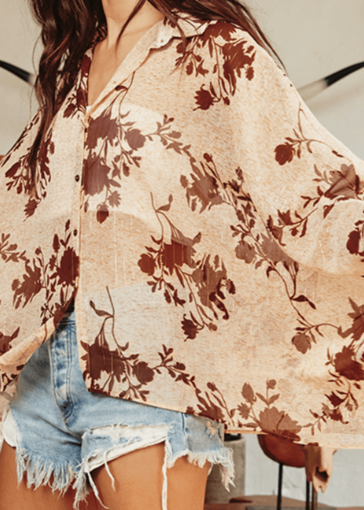 Made in USA Women's Tan and Brown Printed Chiffon Floral Button Down Batwing Sleeve Blouse | Bucket List Style T1068