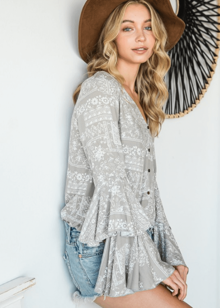 Made in USA Women's Floral Print Layered Bell Sleeve V-Neck Cropped Top, Grey Floral Relaxed Fit, Button trimmed at front, Elastic waistband, 100% Rayon | Bucket List Style T1087