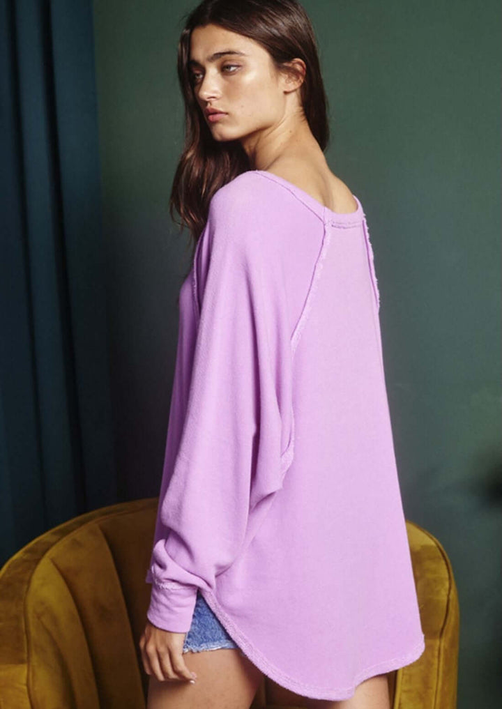 USA Made Solid French Terry Fabric Oversized Sweatshirt Long in Lavender  | Bucket List Clothing Style# T1139B | Classy Cozy Cool Women's Made in America Boutique