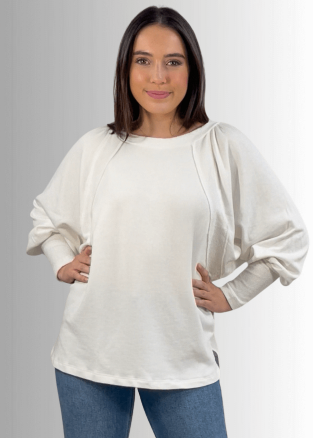 Made in USA Women's Cotton Blend Off White Solid French Terry Dolman Sleeve Boat Neck Oversized Sweatshirt, Wide Cuff, Raw edge detail, Bucket List Style# T1139