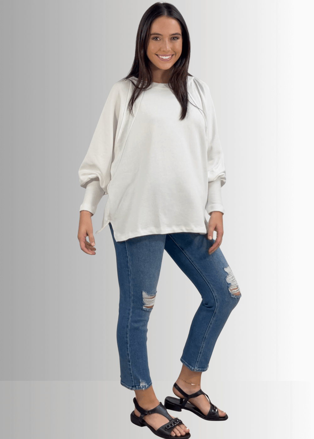 Made in USA Women's Cotton Blend Off White Solid French Terry Dolman Sleeve Boat Neck Oversized Sweatshirt, Wide Cuff, Raw edge detail, Bucket List Style# T1139