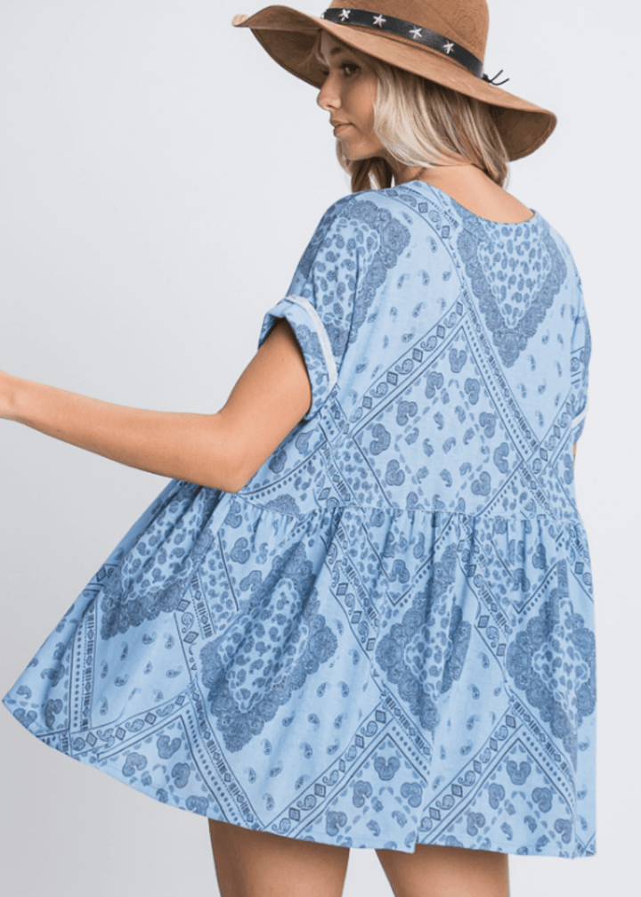 Made in USA Women's Paisley Printed Oversized Flowy Top with Short Cuffed Sleeves and Round Neckline in Mint or Blue | Bucket List  Style T1290