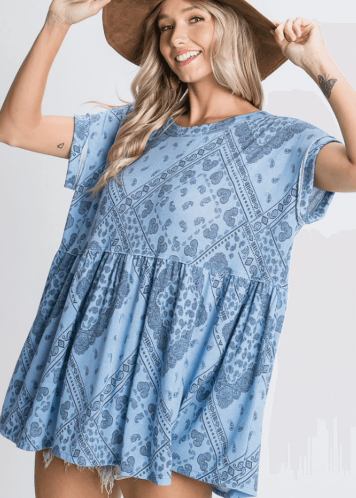 Made in USA Women's Paisley Printed Oversized Flowy Top with Short Cuffed Sleeves and Round Neckline in Mint or Blue | Bucket List  Style T1290