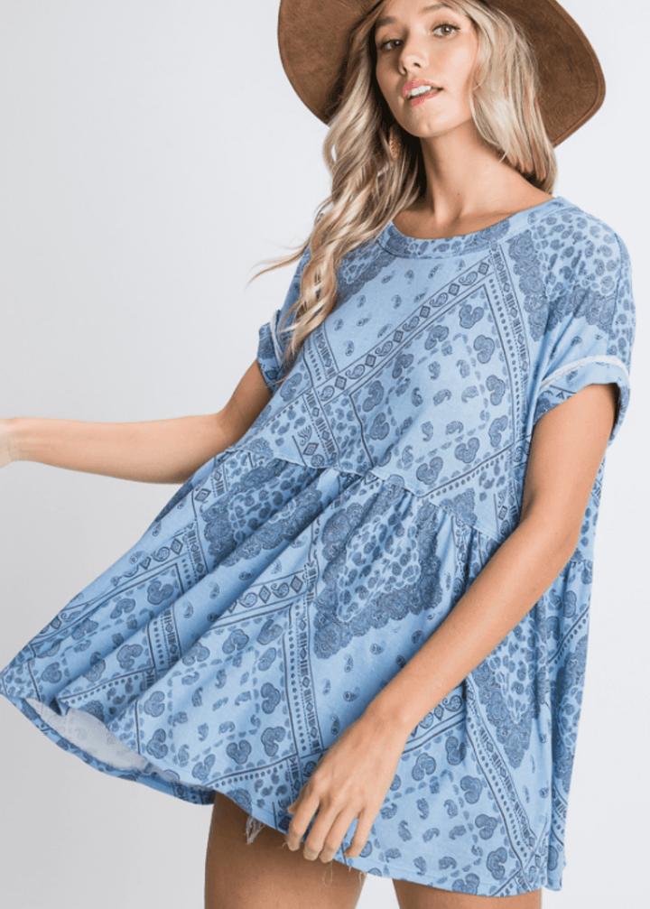 Made in USA Women's Paisley Printed Oversized Flowy Top with Short Cuffed Sleeves and Round Neckline in Mint or Blue | Bucket List  Style T1290