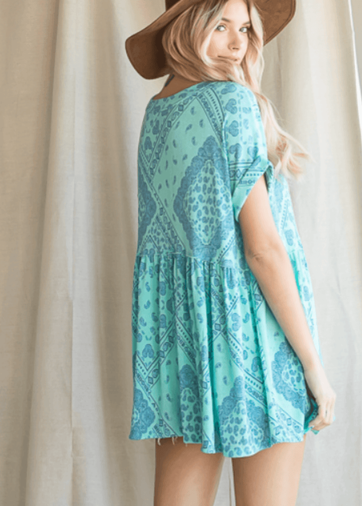 Made in USA Women's Paisley Printed Oversized Flowy Top with Short Cuffed Sleeves and Round Neckline in Mint or Blue | Bucket List  Style T1290