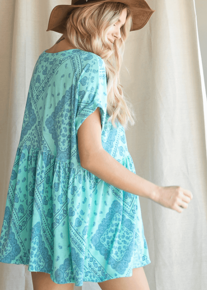 Made in USA Women's Paisley Printed Oversized Flowy Top with Short Cuffed Sleeves and Round Neckline in Mint or Blue | Bucket List  Style T1290
