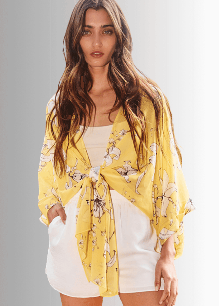 Made in USA Women's Tie Front Semi-Sheer Accent Draped Kimono Cardigan with Dolman Wide Sleeves in Floral Pattern in Yellow | Bucket List Style T1362 | Classy Cozy Cool Women's Made in America Boutique
