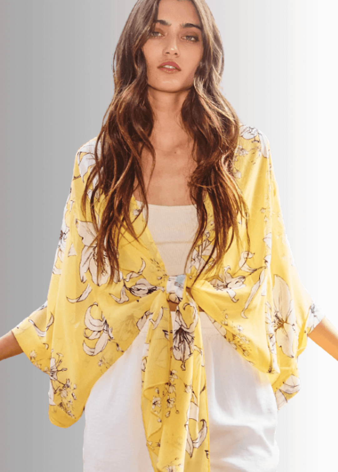 Made in USA Women's Tie Front Semi-Sheer Accent Draped Kimono Cardigan with Dolman Wide Sleeves in Floral Pattern in Yellow | Bucket List Style T1362 | Classy Cozy Cool Women's Made in America Boutique