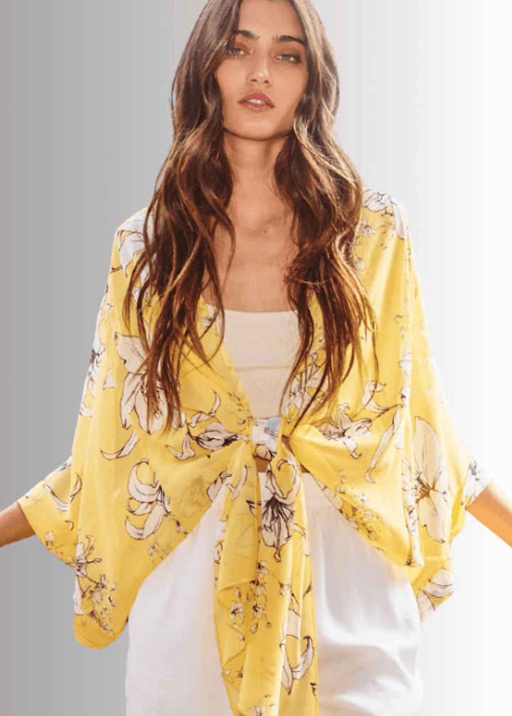 Made in USA Women's Tie Front Semi-Sheer Accent Draped Kimono Cardigan with Dolman Wide Sleeves in Floral Pattern in Yellow | Bucket List Style T1362 | Classy Cozy Cool Women's Made in America Boutique