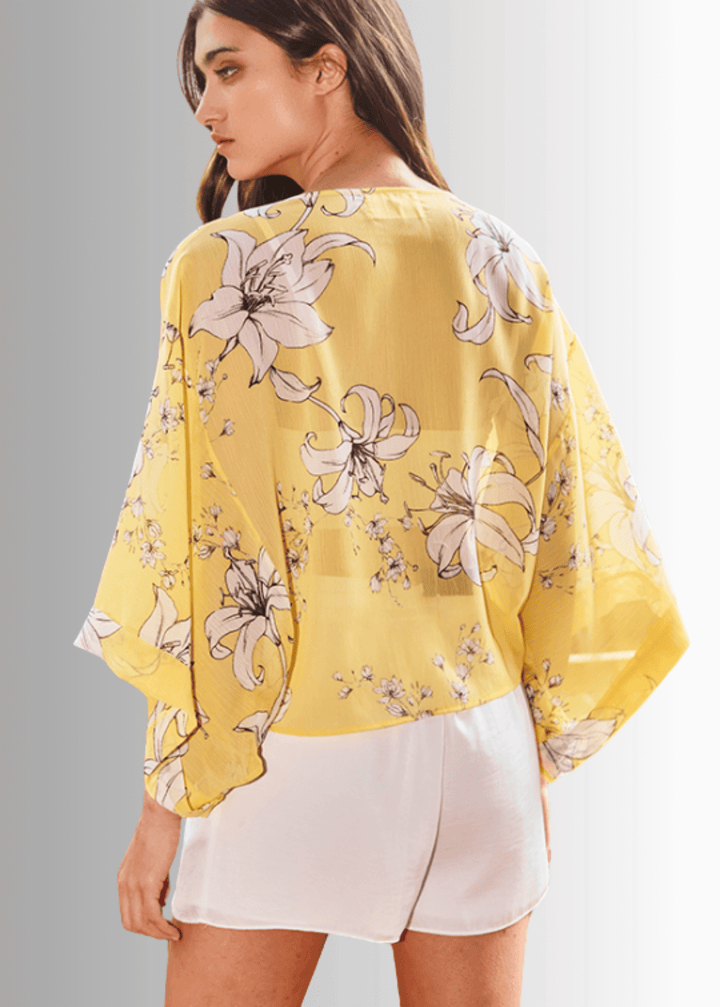 Made in USA Women's Tie Front Semi-Sheer Accent Draped Kimono Cardigan with Dolman Wide Sleeves in Floral Pattern in Yellow | Bucket List Style T1362 | Classy Cozy Cool Women's Made in America Boutique