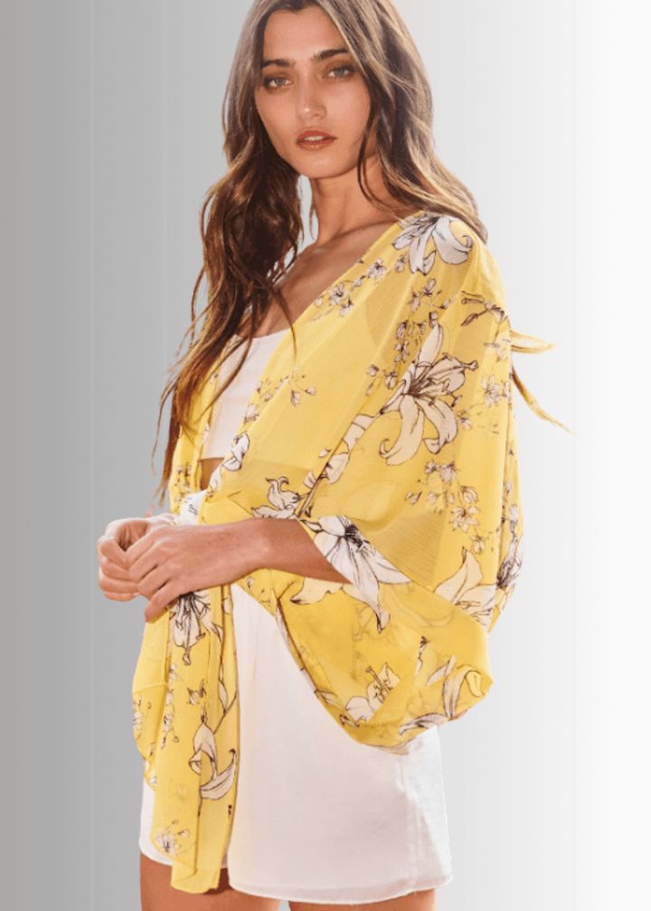 Made in USA Women's Tie Front Semi-Sheer Accent Draped Kimono Cardigan with Dolman Wide Sleeves in Floral Pattern in Yellow | Bucket List Style T1362 | Classy Cozy Cool Women's Made in America Boutique