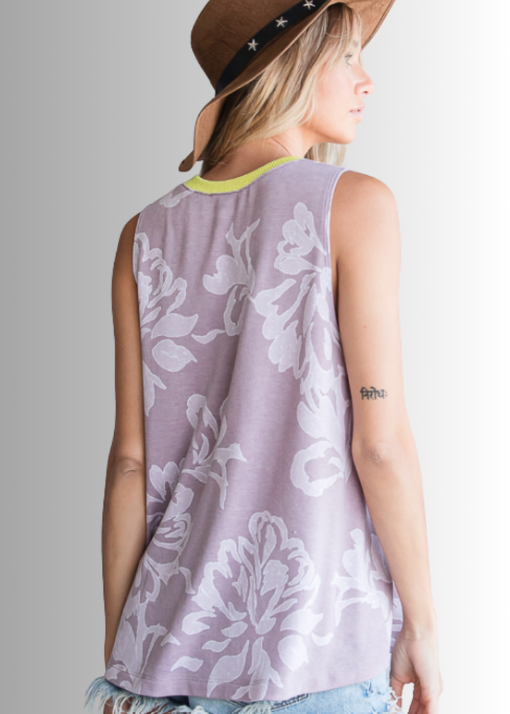 Made in USA Ladies Floral V-Neck Design Grommet Detail Sleeveless Top in Gray or Rosewood,  Relaxed Fit |  T1502 Bucket List