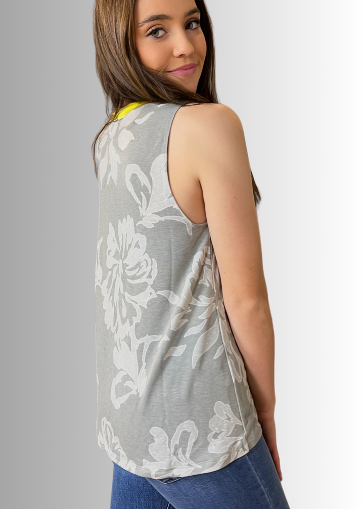 Made in USA Ladies Floral V-Neck Design Grommet Detail Sleeveless Top in Gray or Rosewood,  Relaxed Fit |  T1502 Bucket List