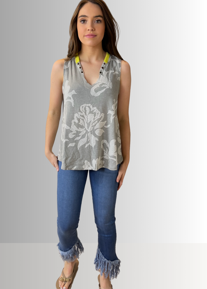 Made in USA Ladies Floral V-Neck Design Grommet Detail Sleeveless Top in Gray or Rosewood,  Relaxed Fit |  T1502 Bucket List