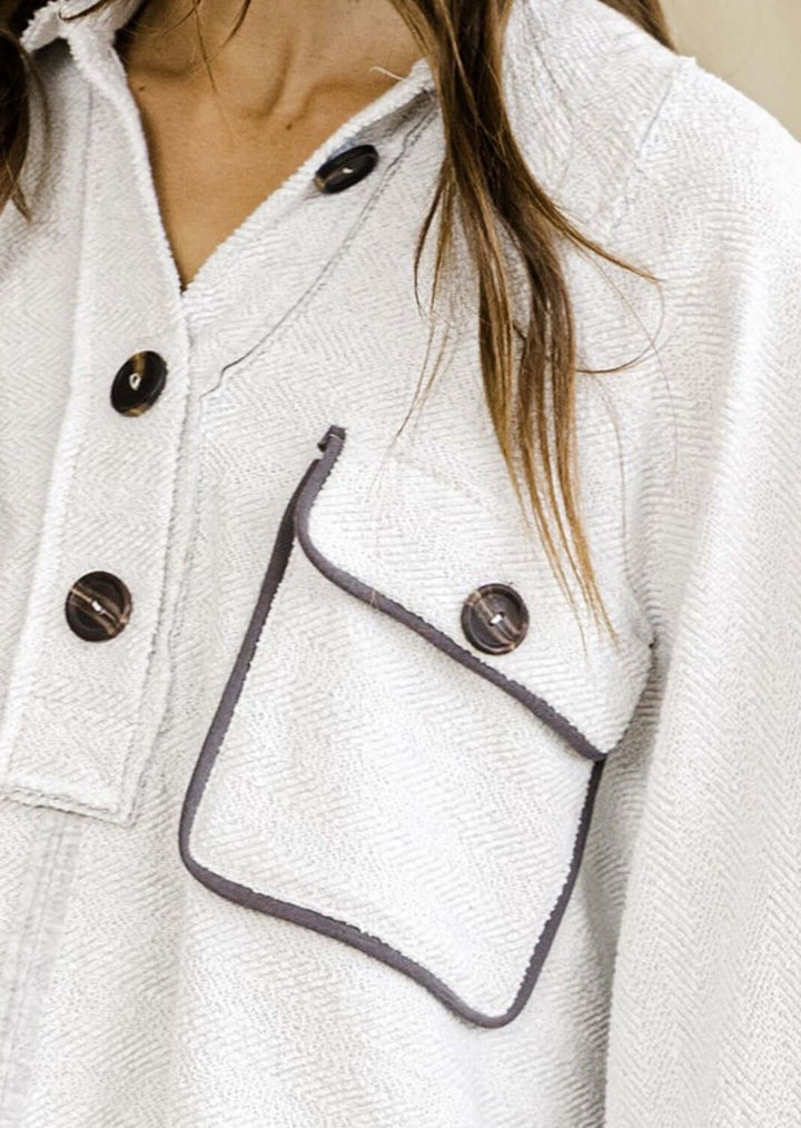 Ladies Cotton Oversized Henley With Contrast Detail and Large Front Pockets in Light Grey with Brown Contrast  | Made in USA | Bucket List Clothing Style# T1578