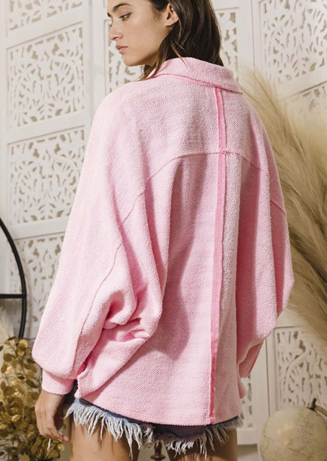 Ladies Cotton Oversized Henley With Contrast Detail and Large Front Pockets in Pink  | Made in USA | Bucket List Clothing Style# T1578