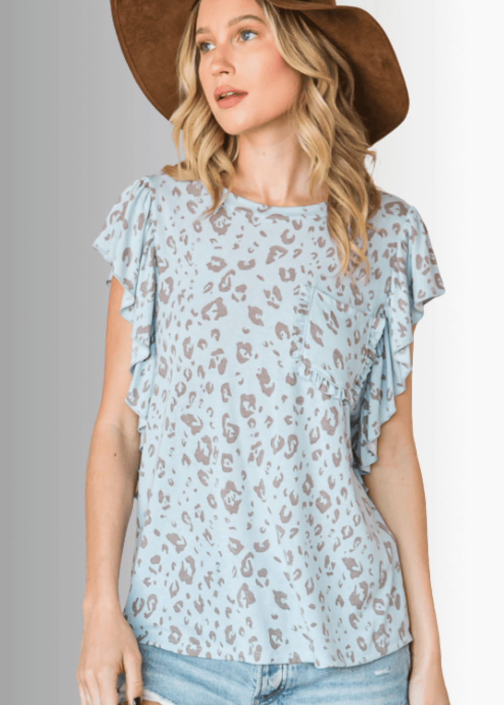 Made in USA Women's Flutter Ruffled Cap Sleeve Round Neck Light Blue Animal Print Top,  Bucket List Style T1713