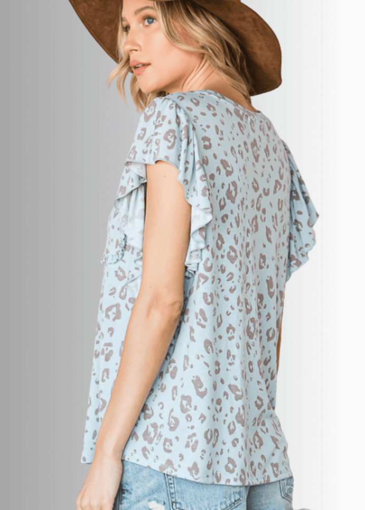 Made in USA Women's Flutter Ruffled Cap Sleeve Round Neck Light Blue Animal Print Top,  Bucket List Style T1713