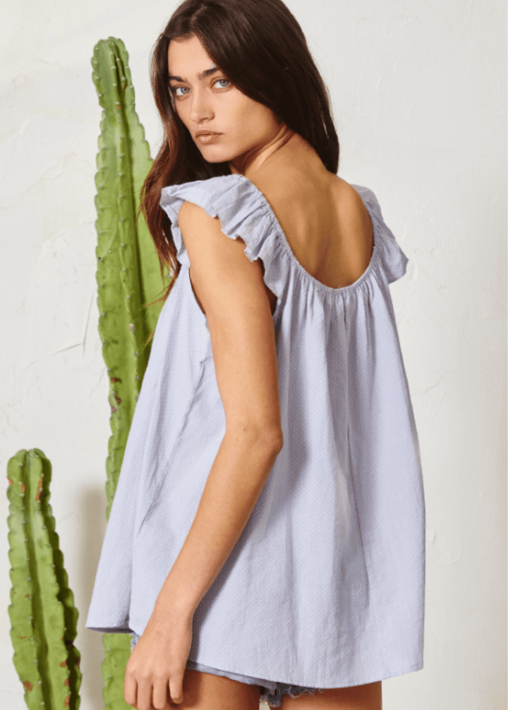 Made in USA Women's Cotton Ruffled Cap Sleeve Relaxed Fit Tank Top with Scoop Neck, Lightweight Woven Fabric in Pale Indigo | Bucket List Style T1719
