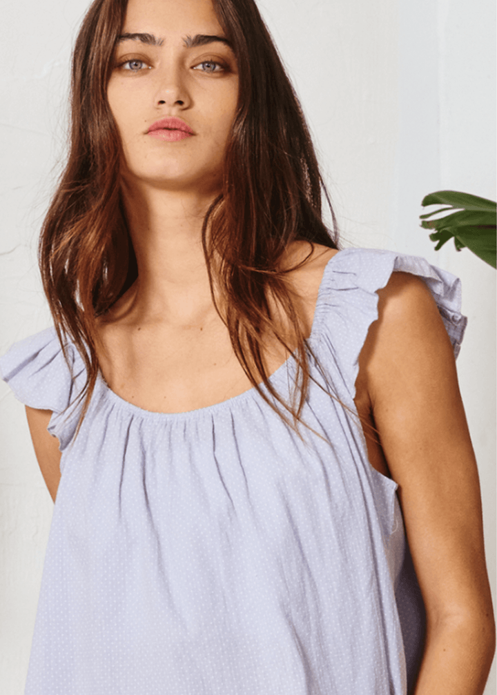 Made in USA Women's Cotton Ruffled Cap Sleeve Relaxed Fit Tank Top with Scoop Neck, Lightweight Woven Fabric in Pale Indigo | Bucket List Style T1719