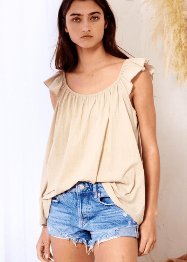 Made in USA Women's Cotton Ruffled Cap Sleeve Relaxed Fit Tank Top with Scoop Neck, Lightweight Woven Fabric in Pale Khaki Olive | Bucket List Style T1719